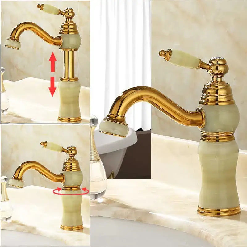 Ornate gold finished bathroom basin sink faucet with pale green jade ceramic body and matching handle detailing
