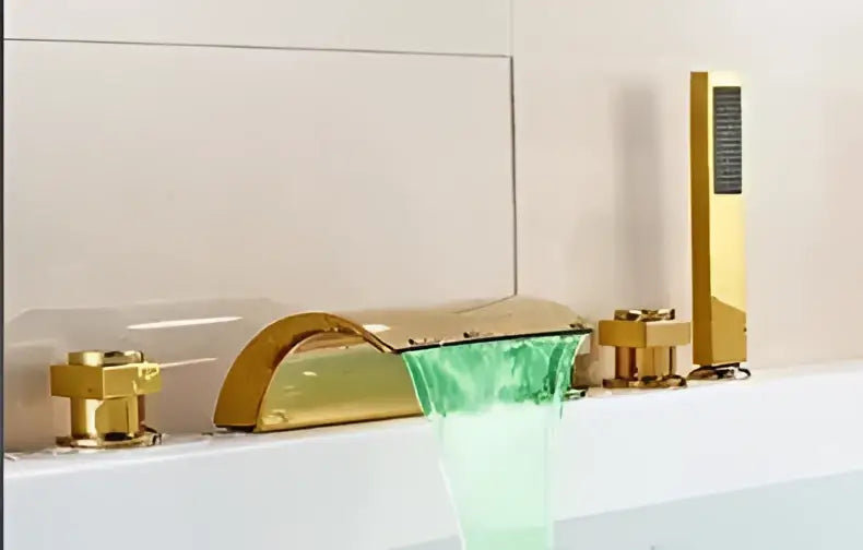 Ornate gold led waterfall bath tub faucet with handshower featuring a sleek modern design and green water flow tub faucet