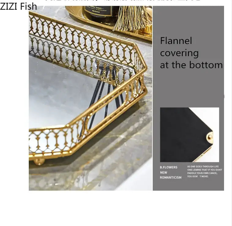Ornate gold mirror glass storage tray with lattice border and mirrored surface for bedroom jewelry decor