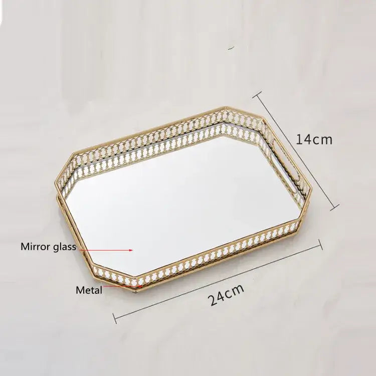Ornate gold-toned metal storage tray with gold mirror glass surface and decorative beaded edge for bedroom jewelry decor