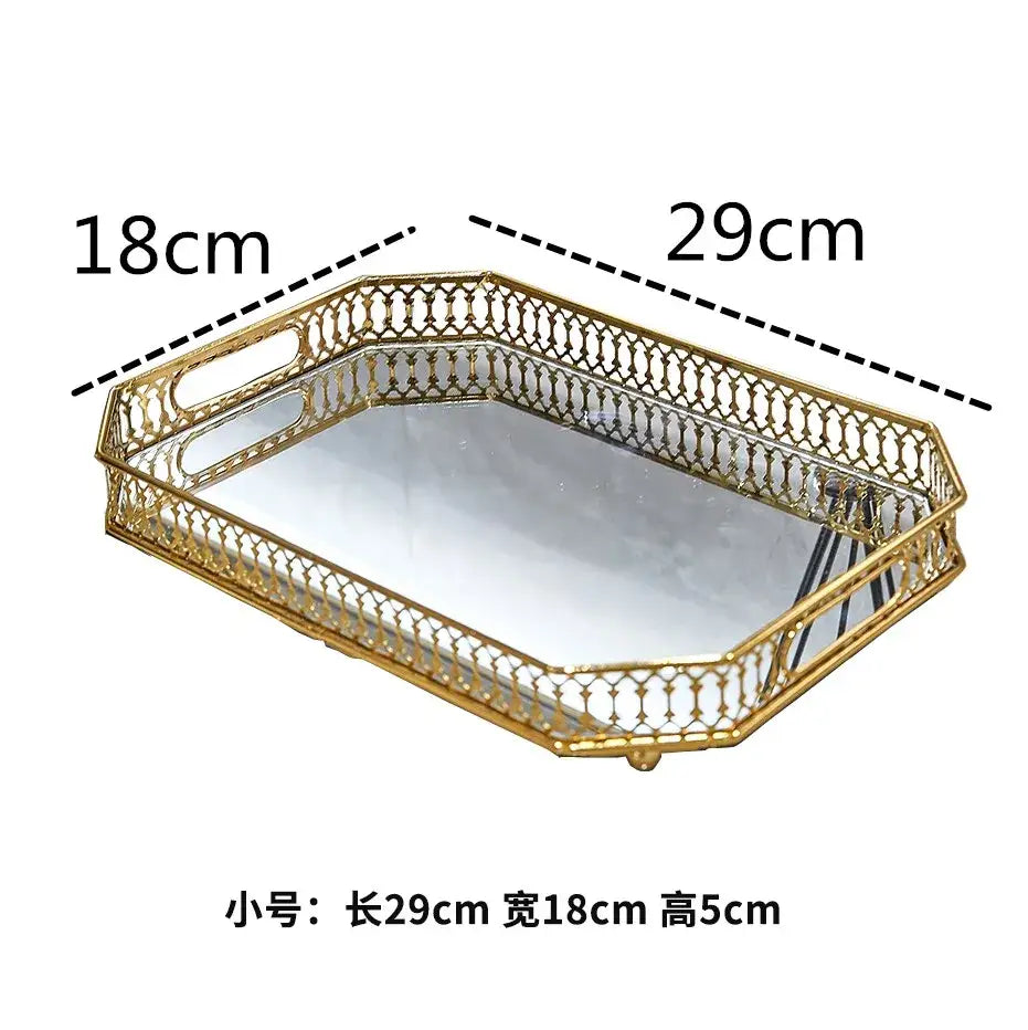 Ornate gold mirror glass storage tray with a mirrored interior and decorative lattice border for bedroom decor