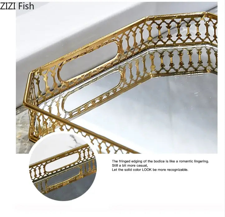 Ornate gold mirror glass storage tray with gold-toned metal lattice detailing for bedroom jewelry decor