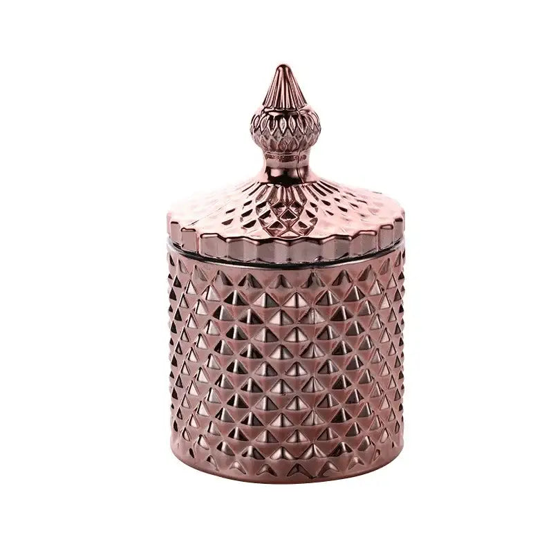 Rose gold glass storage jar with textured diamond-patterned body and ornate pointed lid ideal for bedroom decor storage jar