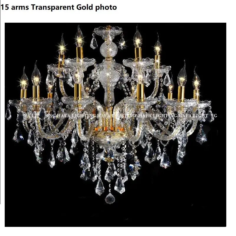 Ornate gold and silver decorbites crystal led chandelier with 15 arms and clear crystal droplets for living room lighting