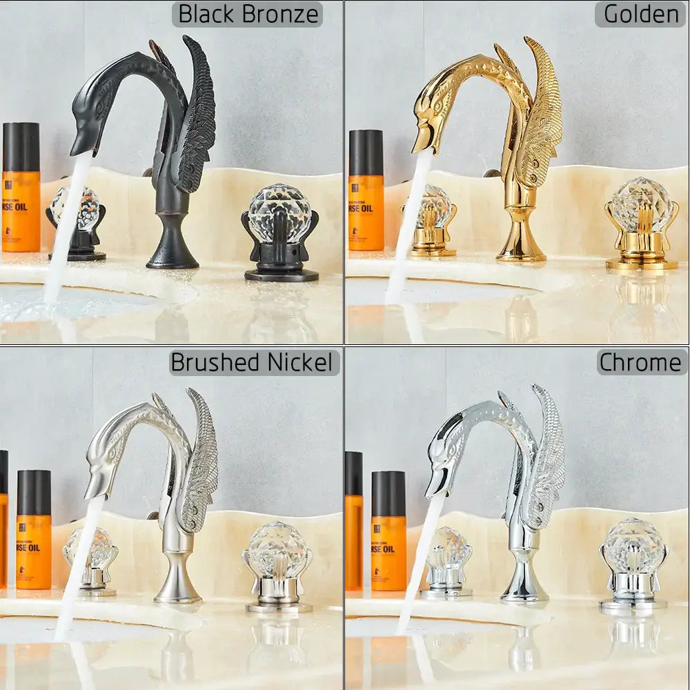 Elegant gold swan basin faucet with crystal handles and ornate wing detailing in black bronze, brushed nickel, or chrome finish