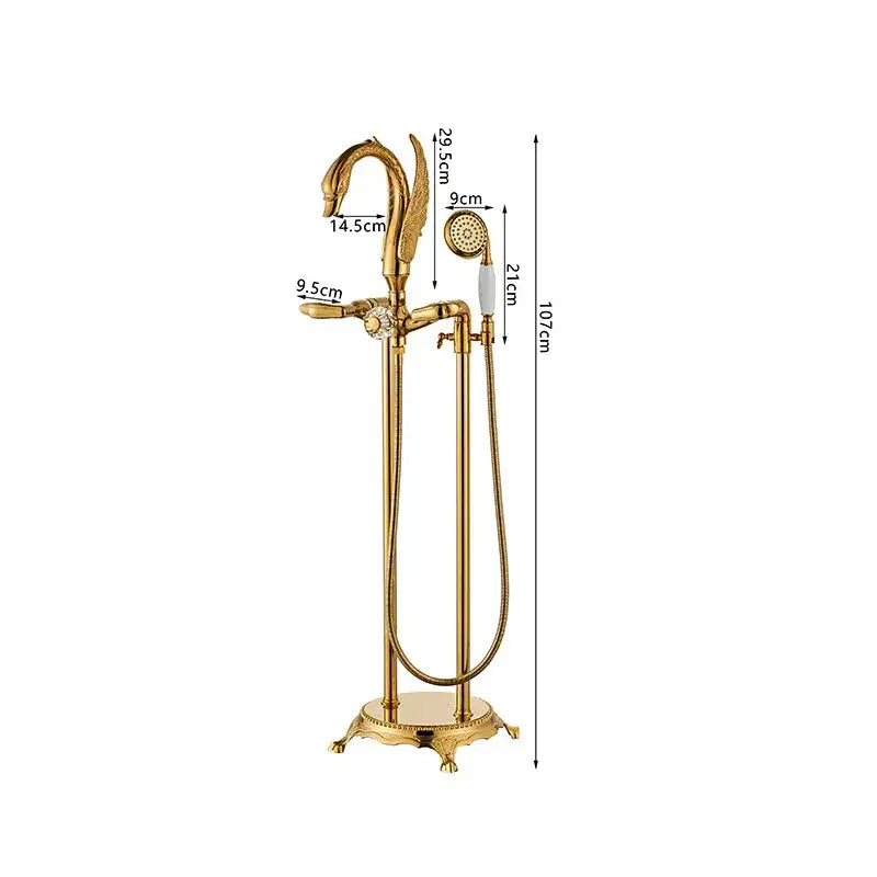 Ornate decorbites gold swan bathtub mixer with handshower featuring a gold-finished swan-shaped spout for bathroom use