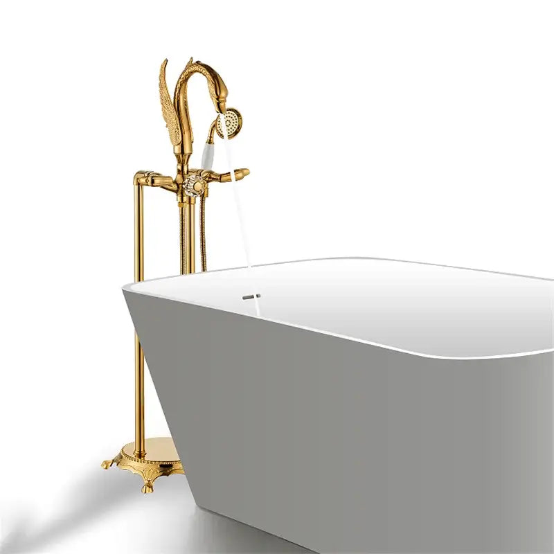 Gold-finished ornate gold swan bathtub mixer with clawfoot faucet, winged spout, and decorative showerhead by decorbites