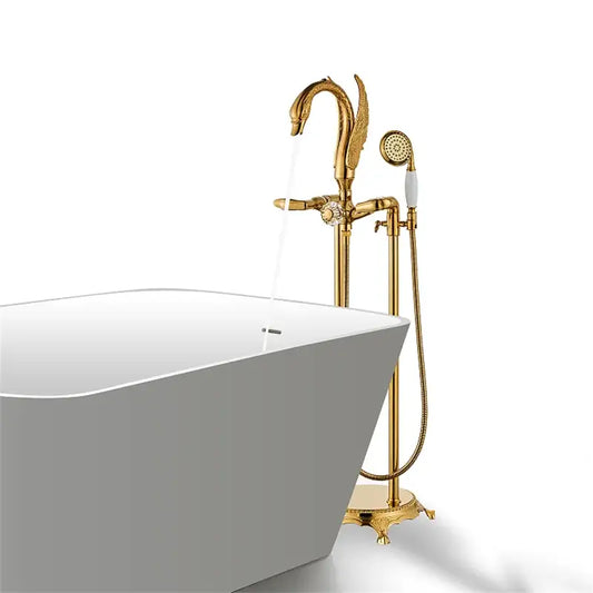 Ornate gold swan bathtub mixer with handshower featuring intricate detailing for elegant bathroom decorbites gold swan design