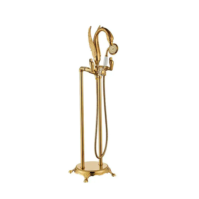 Ornate gold swan bathtub mixer with gold brass winged spout and decorative base for luxury bathroom decorbites gold swan