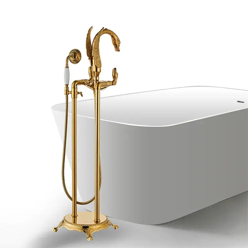 Ornate gold swan bathtub mixer with dragon-head faucet and matching handheld showerhead for luxury bathroom decorbites gold swan