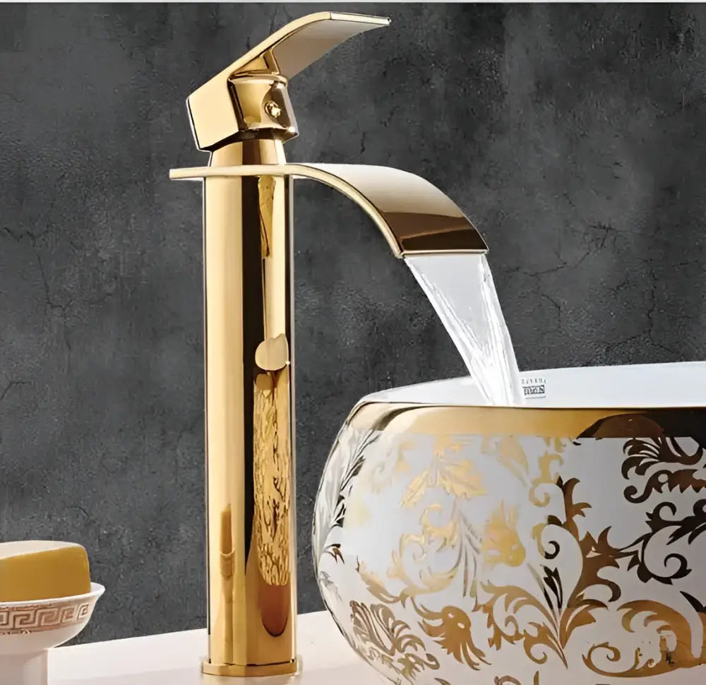 Ornate gold waterfall bathroom faucet with sleek modern design and polished metallic finish for decorbites gold waterfall decor