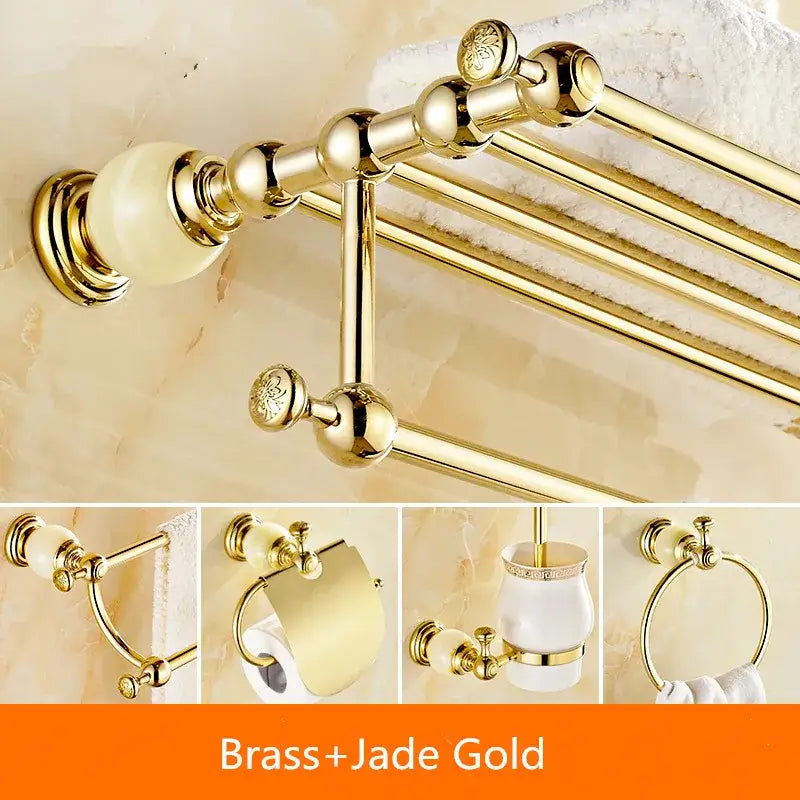 Ornate gold and white ceramic brass jade bathroom towel rack with floral knob detailing from decorbites hardware set