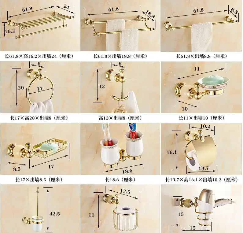 Ornate gold and white ceramic brass jade bathroom hardware set with polished metal and elegant curves by decorbites brass jade