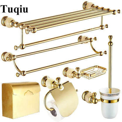 Ornate gold and white ceramic brass jade bathroom hardware set with cream accents for elegant bathroom decorbites brass jade style