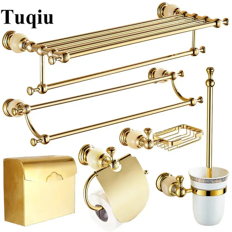 Ornate gold and white ceramic brass jade bathroom hardware set with cream accents for elegant bathroom decorbites brass jade style