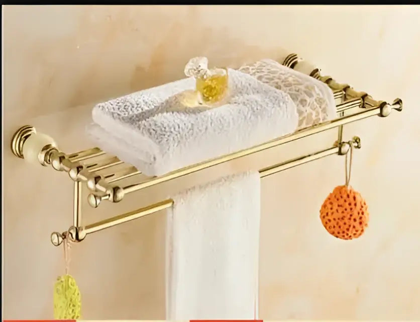 Ornate gold and white ceramic brass jade bathroom hardware set with gold-toned double-tier towel rack and bath accessories