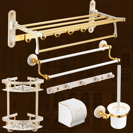 Ornate gold and white floral bathroom accessories set with intricate designs from decorbites bathroom accessories