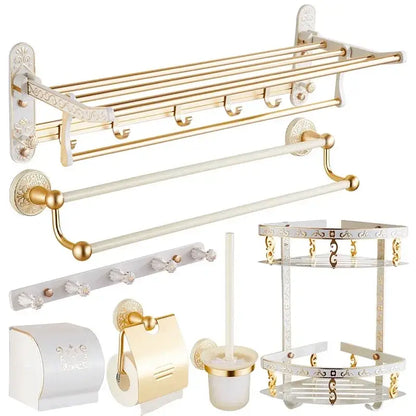 Ornate gold and white floral bathroom accessories set with decorative patterns by decorbites bathroom accessories