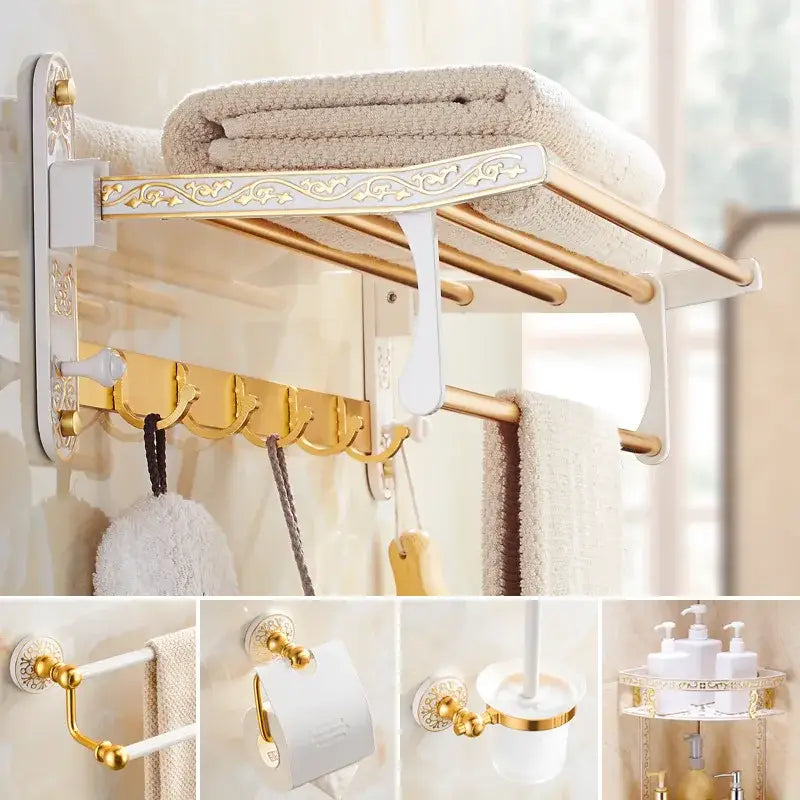 Ornate gold and white floral bathroom rack with decorative scrollwork and multiple bars in decorbites bathroom accessories set