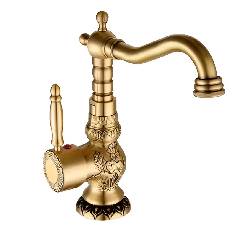 Ornate golden brass carved bathroom faucet with brass finished curved spout and floral engraving decorbites brass carved style
