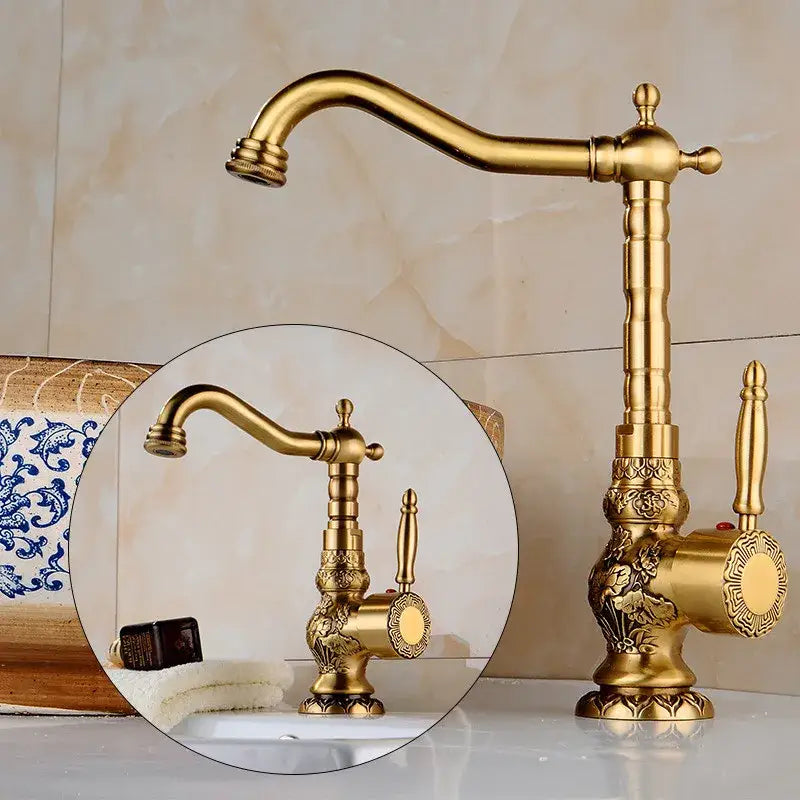 Ornate golden brass carved bathroom faucet with floral and scrollwork detailing decorbites brass carved mixer tap