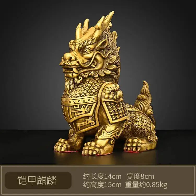 Ornate golden brass chinese guardian lion statue with intricate scales and armor detailing for copper unicorn ornaments