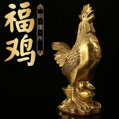 Ornate golden brass rooster figurine with detailed feathering and stylized design decorbites brass rooster desktop decor