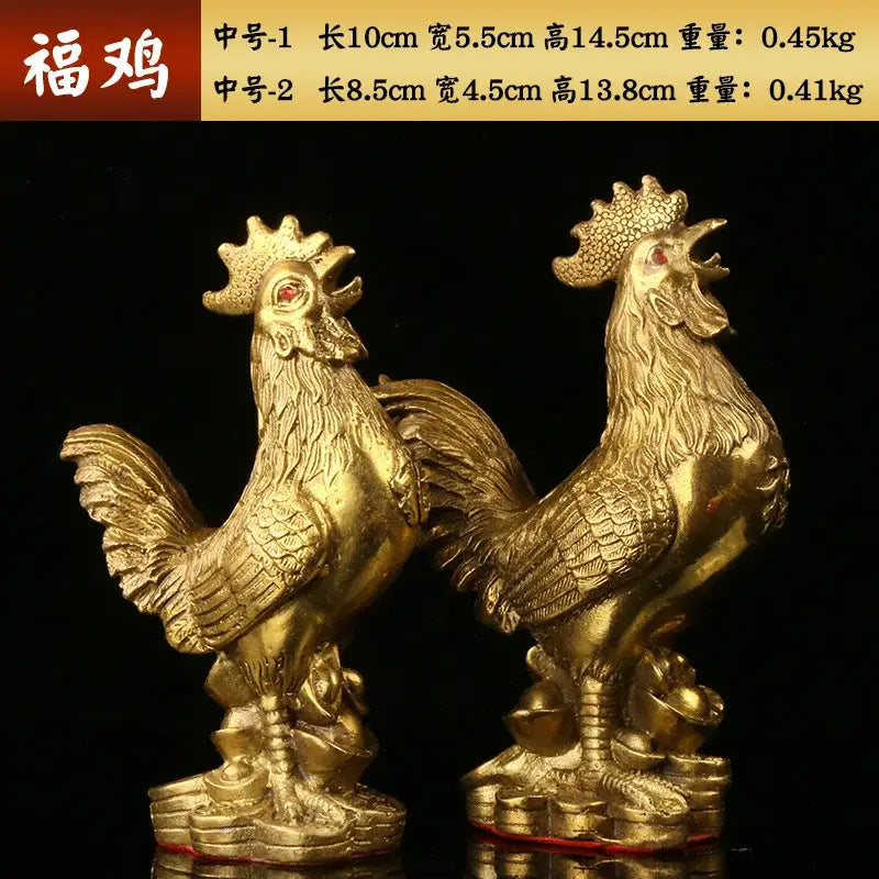 Ornate golden brass rooster figurine with detailed feathering and red gemstone eyes on coin bases decorbites brass rooster