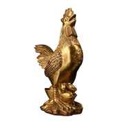 Ornate golden brass rooster figurine with detailed feathering and stylized comb for office desktop decorbites brass rooster