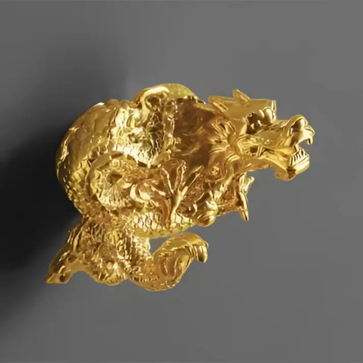 Golden dragon bathroom hardware set featuring an ornate brooch with textured scales and fierce facial details