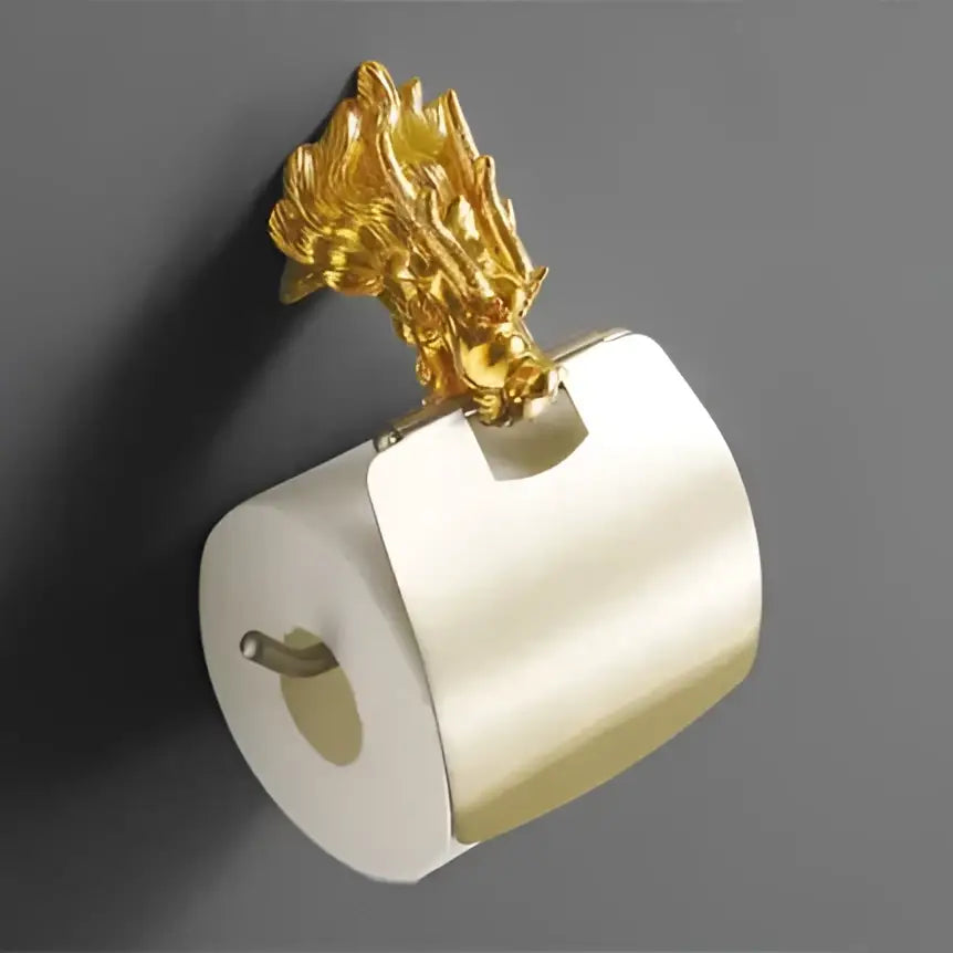 Ornate golden dragon-themed bathroom hardware set with polished metallic finish and white ceramic accents for bathroom use