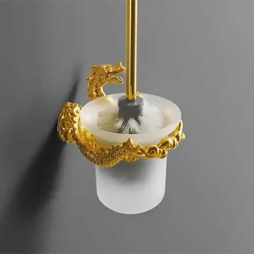 Ornate golden dragon bathroom hardware set featuring a toilet brush holder with frosted glass base and white ceramic