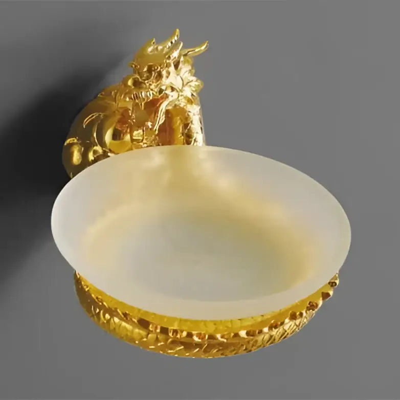 Ornate golden dragon bathroom hardware set featuring a soap dish with a smooth pale jade-like ceramic bowl
