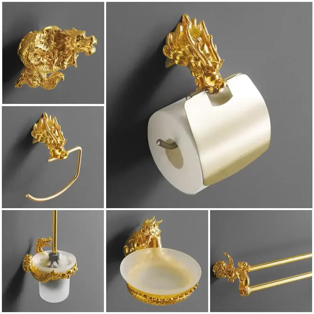 Ornate golden dragon bathroom hardware set with white ceramic and metallic finishes for elegant bathroom decor