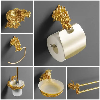 Ornate golden dragon bathroom hardware set with white ceramic and metallic finishes for elegant bathroom decor