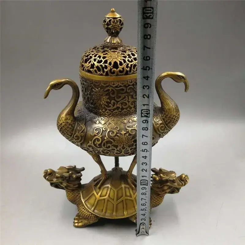 Ornate golden dragon tortoise incense burner with floral motifs, swan handles, and a detailed turtle base for decorbites dragon tortoise decor