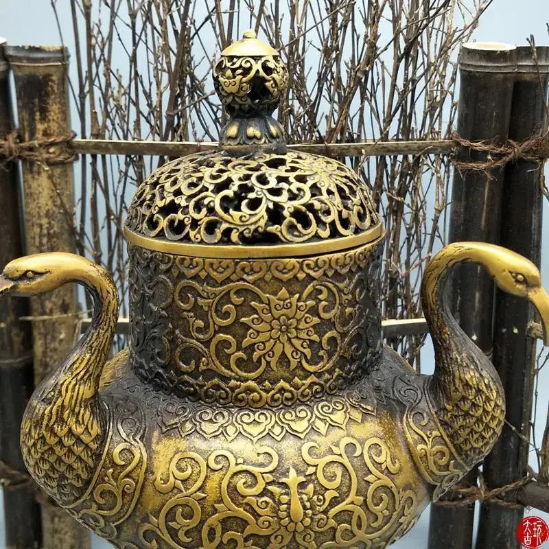 Ornate golden dragon tortoise incense burner with dark bronze swan handles and floral patterns for living room decorbites dragon tortoise crane decor