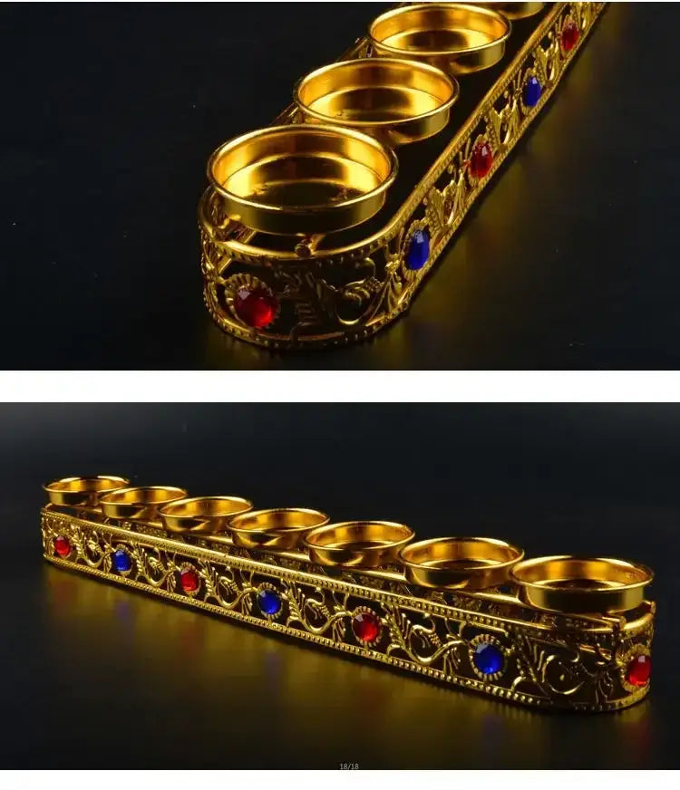 Ornate golden gem inlaid candlestick stand with six compartments and red blue gemstones for wedding altar decor