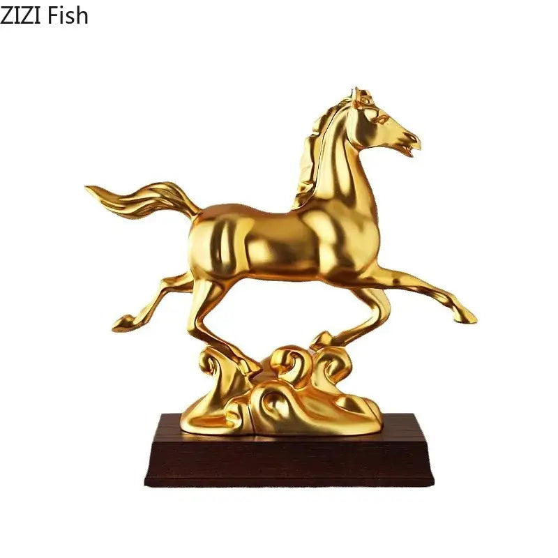 Ornate golden horse mascot resin statue with sleek polished finish on dark wooden base for living room decor