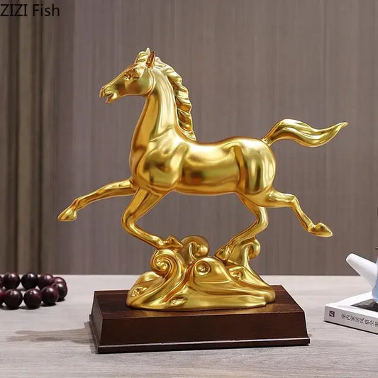 Ornate golden horse mascot resin statue with a glossy finish standing on an ornate base for living room decor