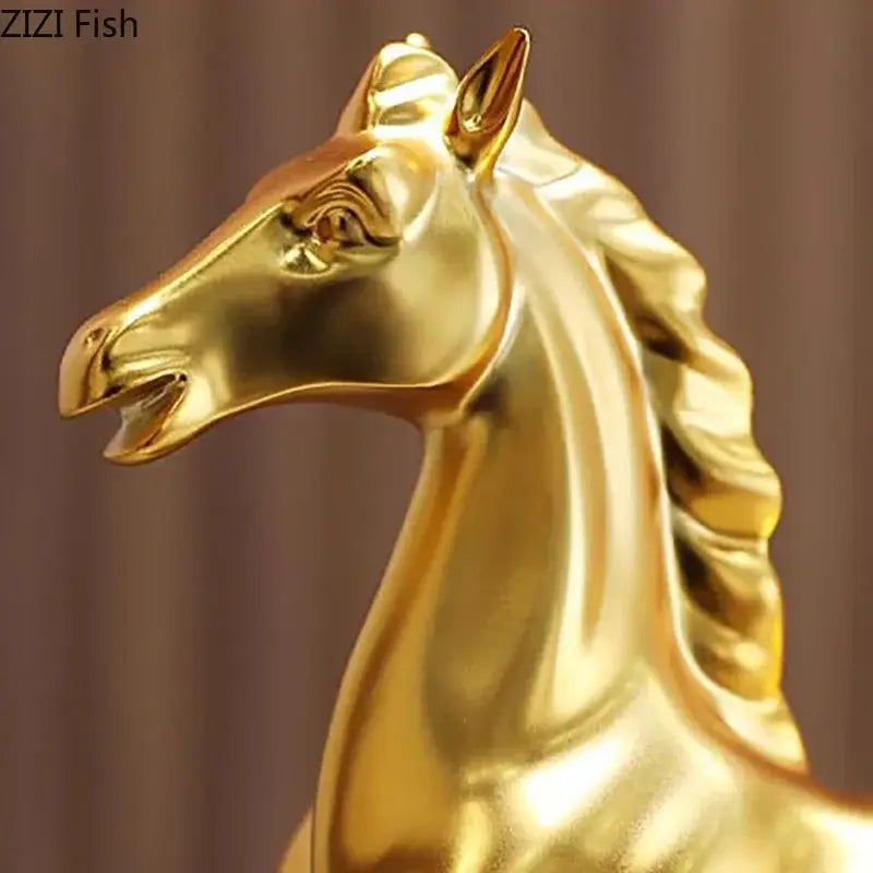 Ornate golden horse mascot resin statue with sleek polished finish and detailed mane for living room decor