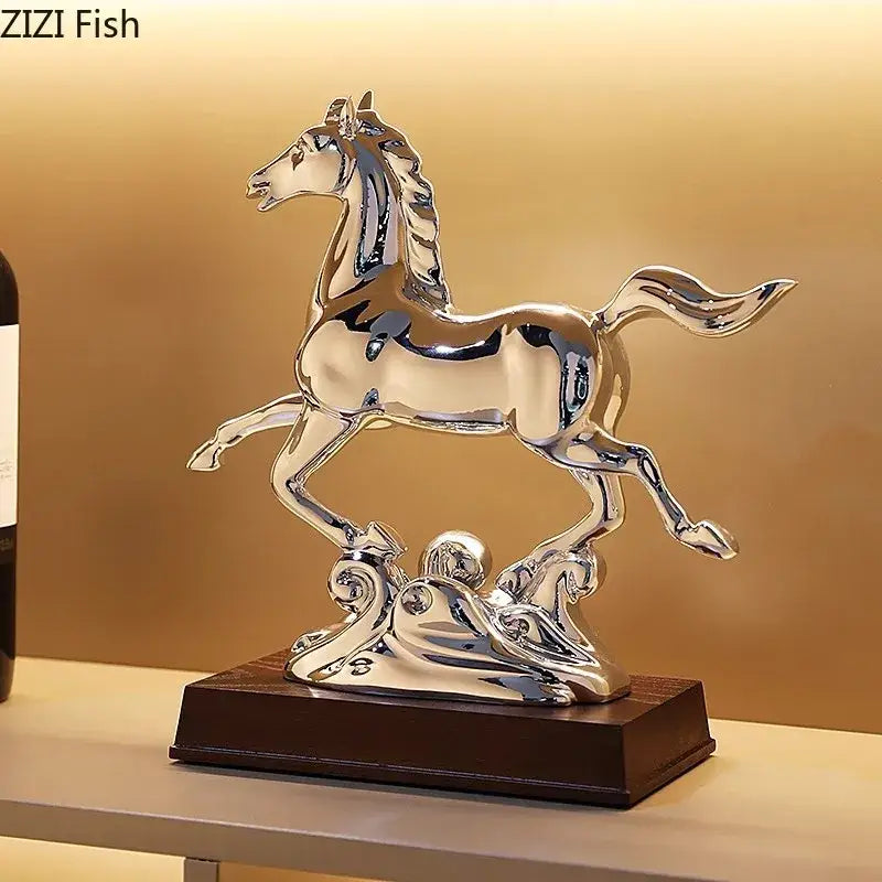 Shiny silver horse figurine with flowing mane on dark wood base ornate golden horse mascot resin statue for living room decor