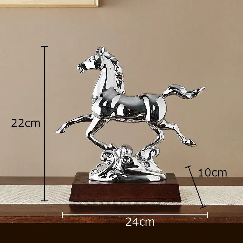 Shiny silver horse mascot figurine with polished metallic finish on ornate base for living room decor