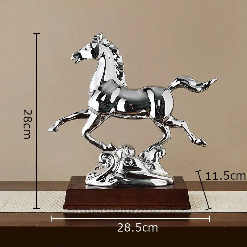 Shiny silver metallic horse mascot figurine on dark wood base for living room decor golden horse statue resin