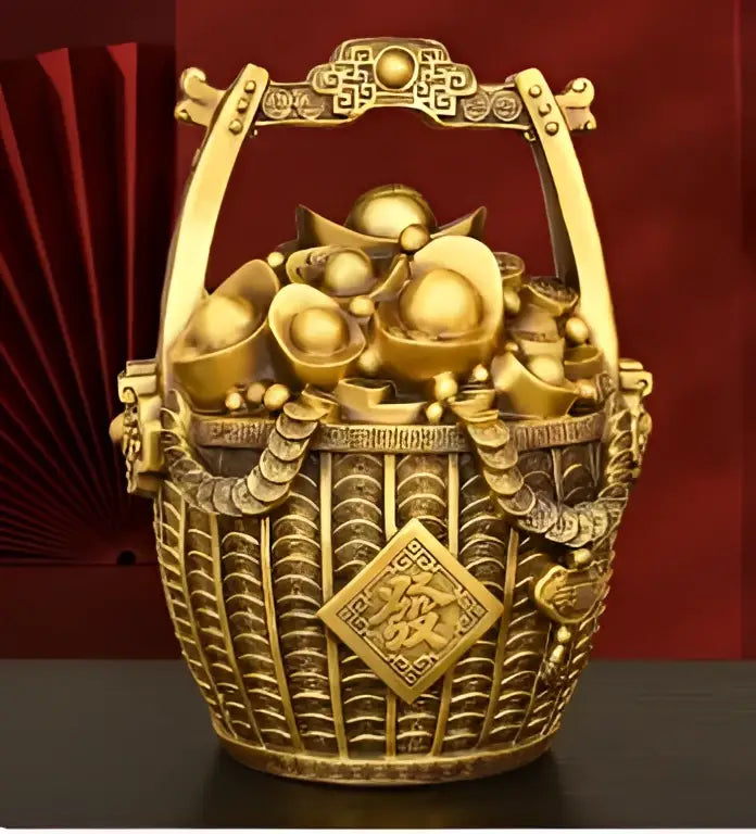 Ornate golden copper treasure bowl money jar with intricate lattice design and chinese characters for living room decor