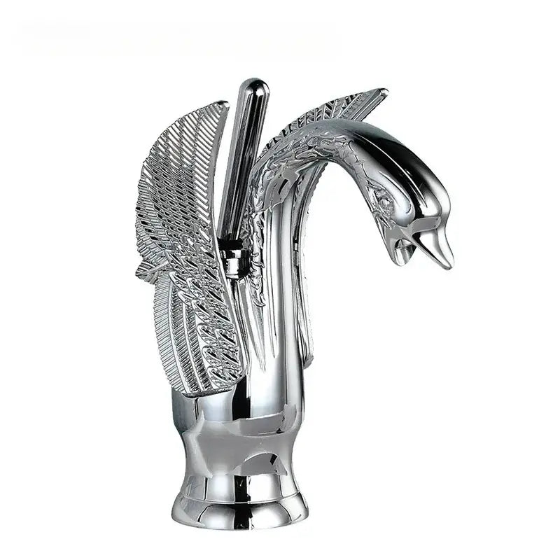 Ornate golden swan solid brass basin faucet with ceramic valve core and chrome-finished detailed wings for bathroom use