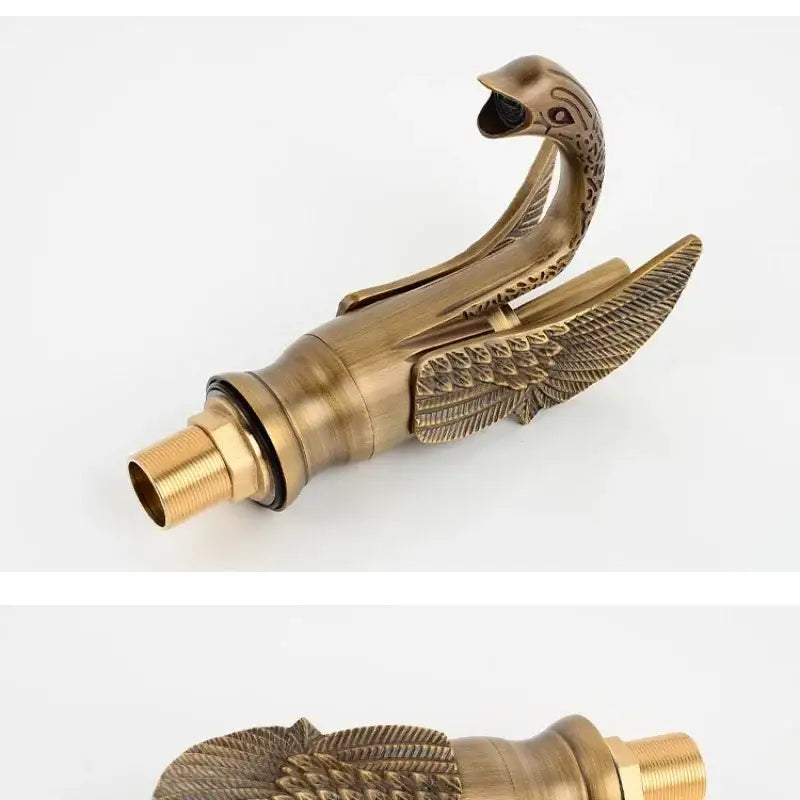 Ornate golden swan solid brass basin faucet with detailed feather engraving ceramic valve core for bathroom use