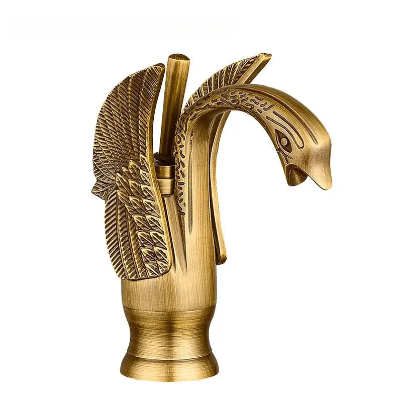Ornate golden swan solid brass basin faucet with ceramic valve core featuring intricate feather engravings and detailed eye