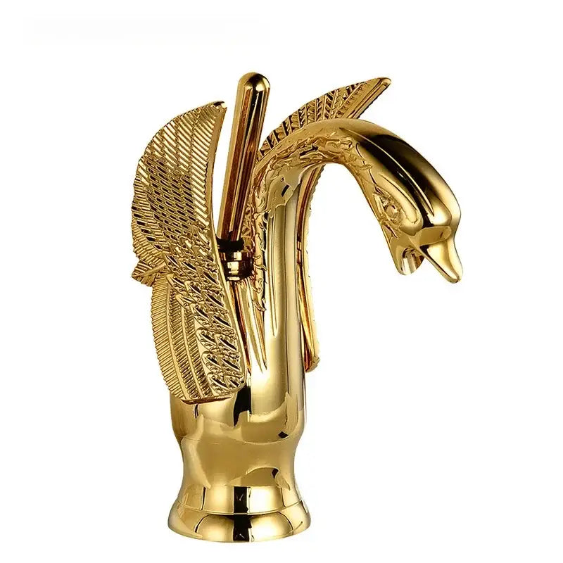 Ornate golden swan solid brass basin faucet with ceramic valve core and intricate feathered wing detailing