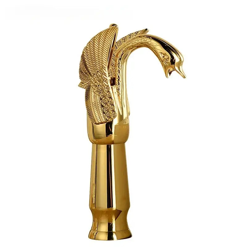 Ornate golden swan solid brass basin faucet with ceramic valve core and intricate feather detailing for bathroom use